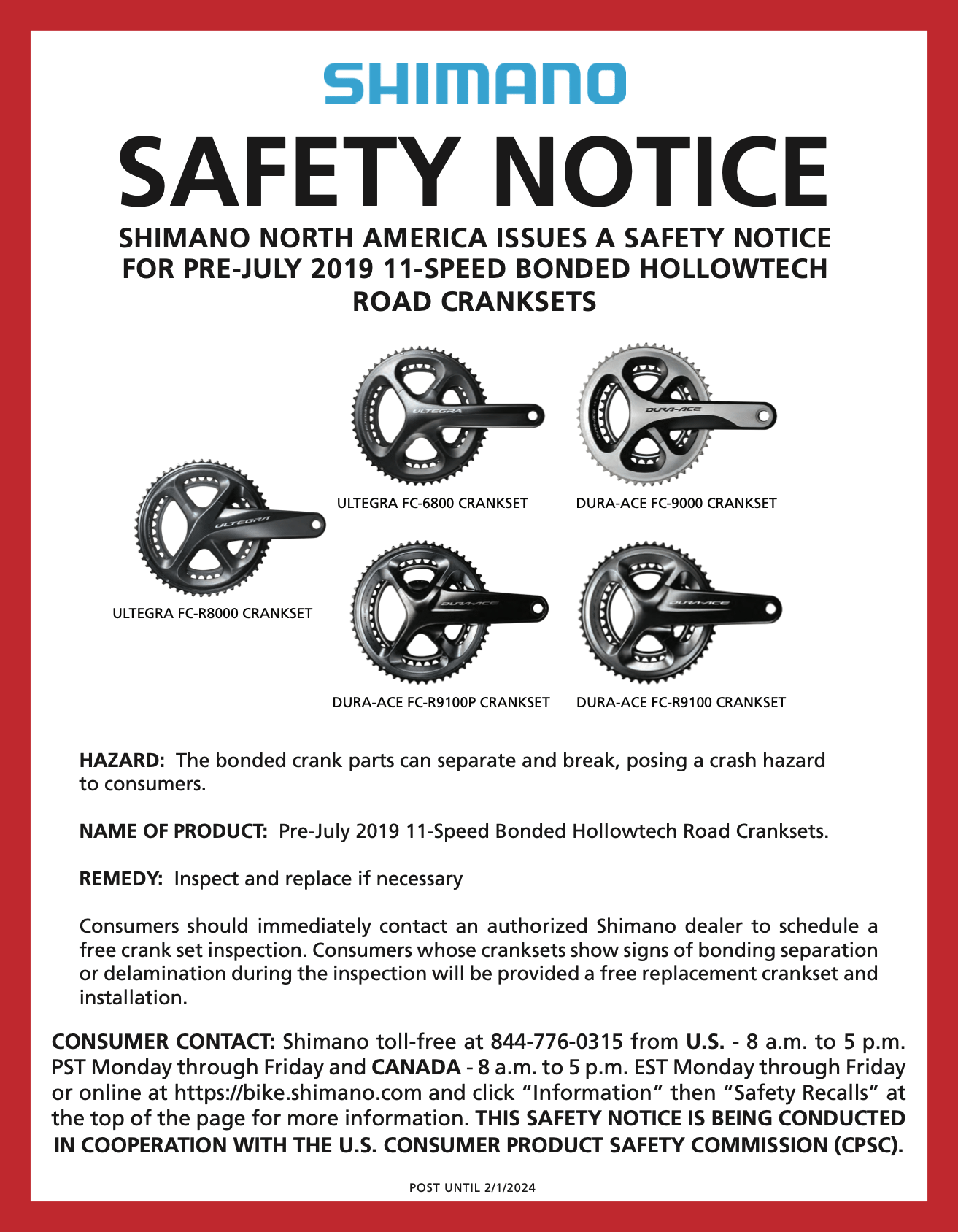Shimano Hollowtech Crankset Recall